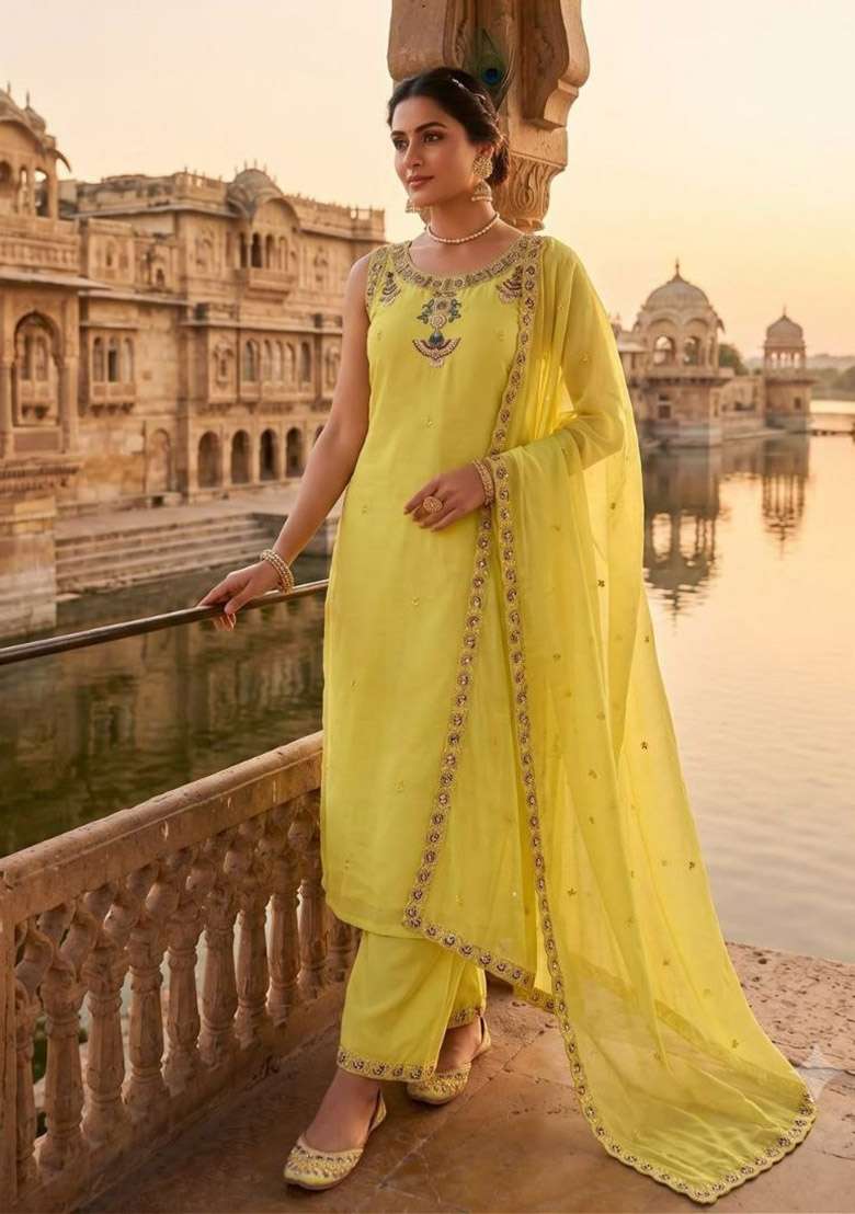 Yellow Embroidery Chanderi Kurta Set - Indya