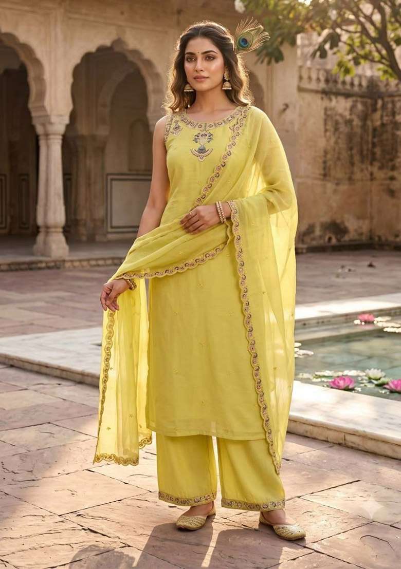 Yellow Embroidery Chanderi Kurta Set - Indya
