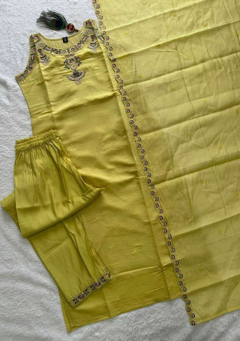 Yellow Embroidery Chanderi Kurta Set - Indya