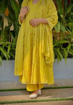 Yellow Floral Print Chanderi Kurta Set