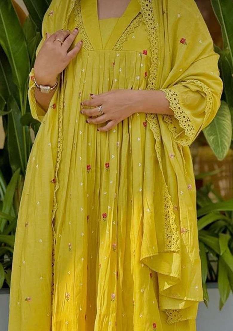 Yellow Floral Print Chanderi Kurta Set - Indya