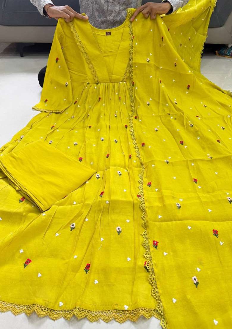 Yellow Floral Print Chanderi Kurta Set - Indya