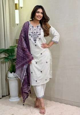 Purple Embroidery Cotton Kurta Set