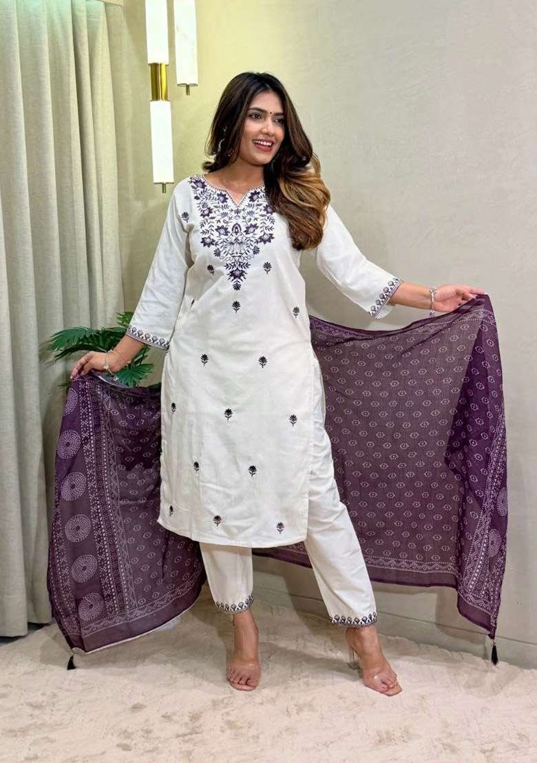 Purple Embroidery Cotton Kurta Set - Indya