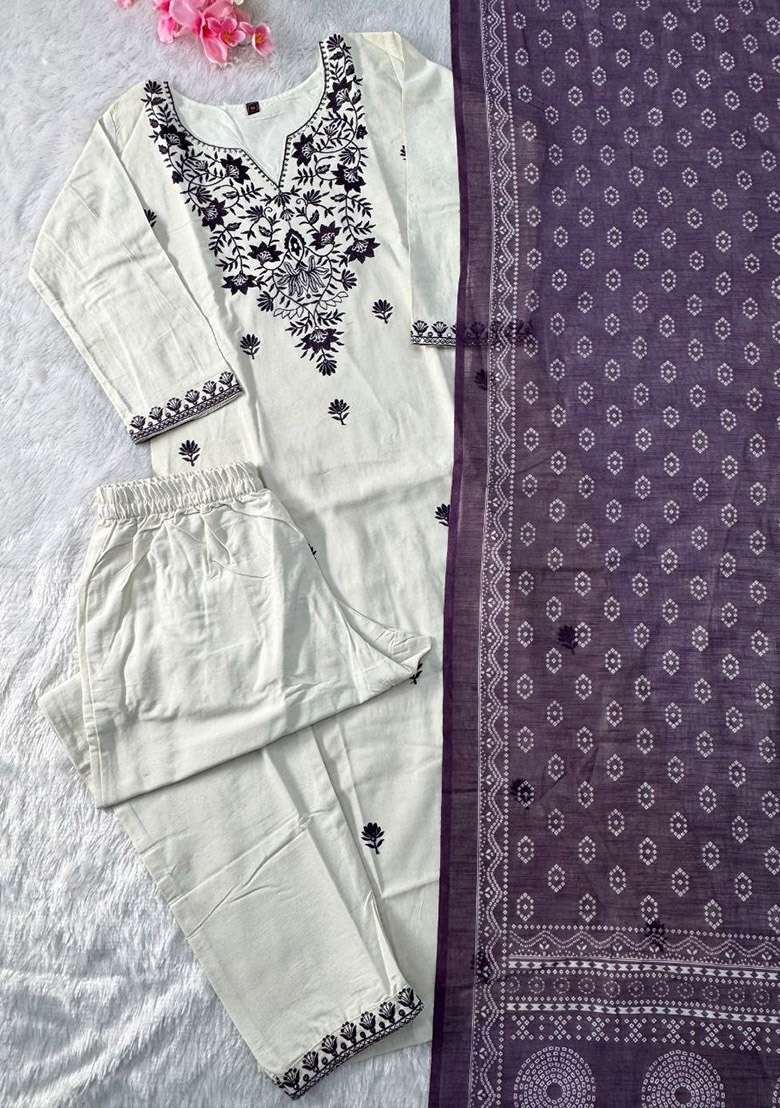 Purple Embroidery Cotton Kurta Set - Indya