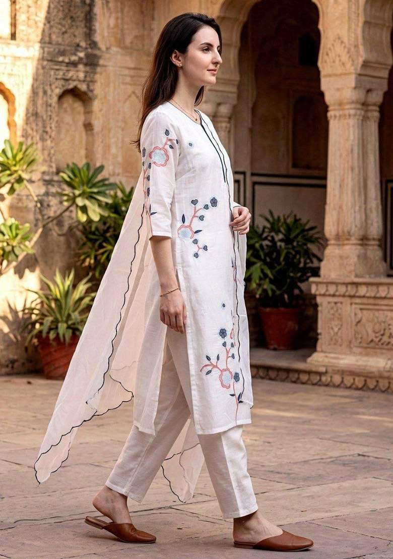 White Embroidery Silk Kurta Set - Indya