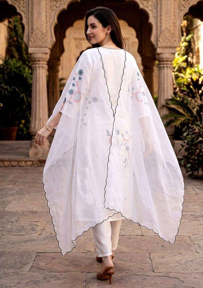 White Embroidery Silk Kurta Set - Indya