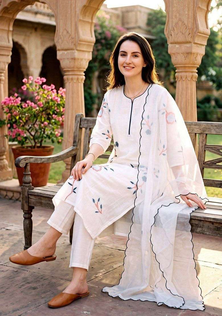 White Embroidery Silk Kurta Set - Indya