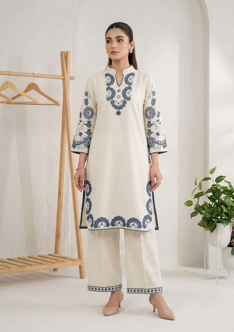 White Embroidery Cotton Kurta Set - Indya