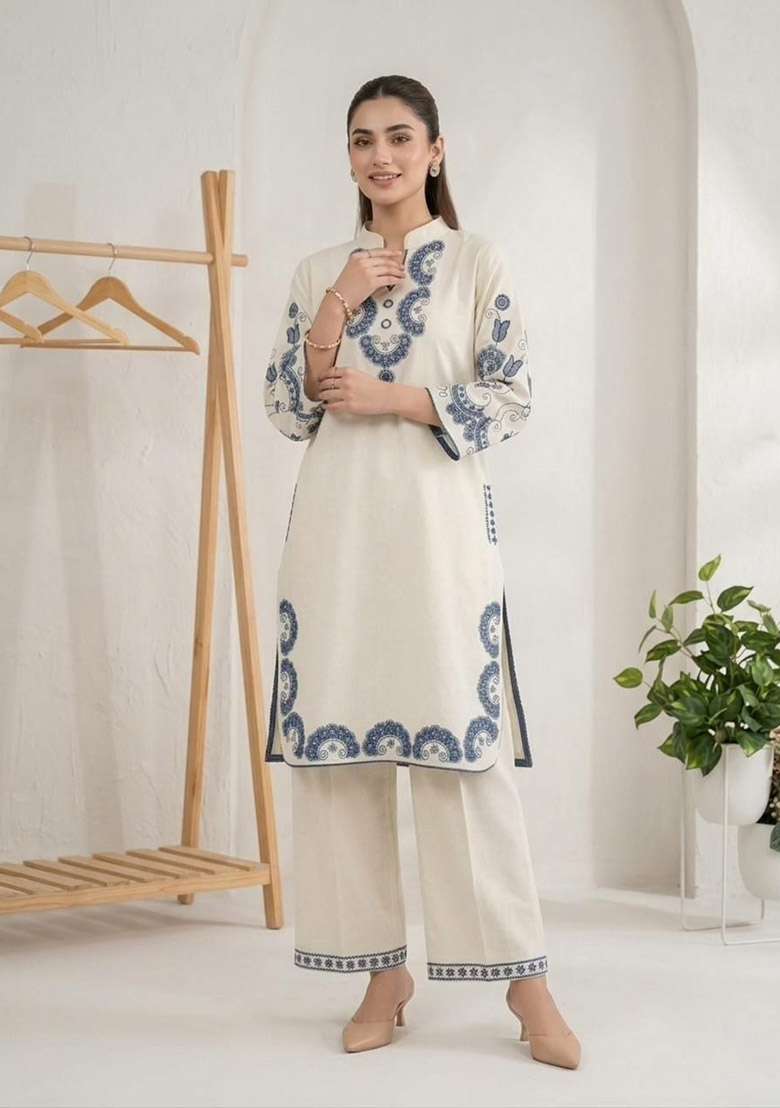 White Embroidery Cotton Kurta Set - Indya