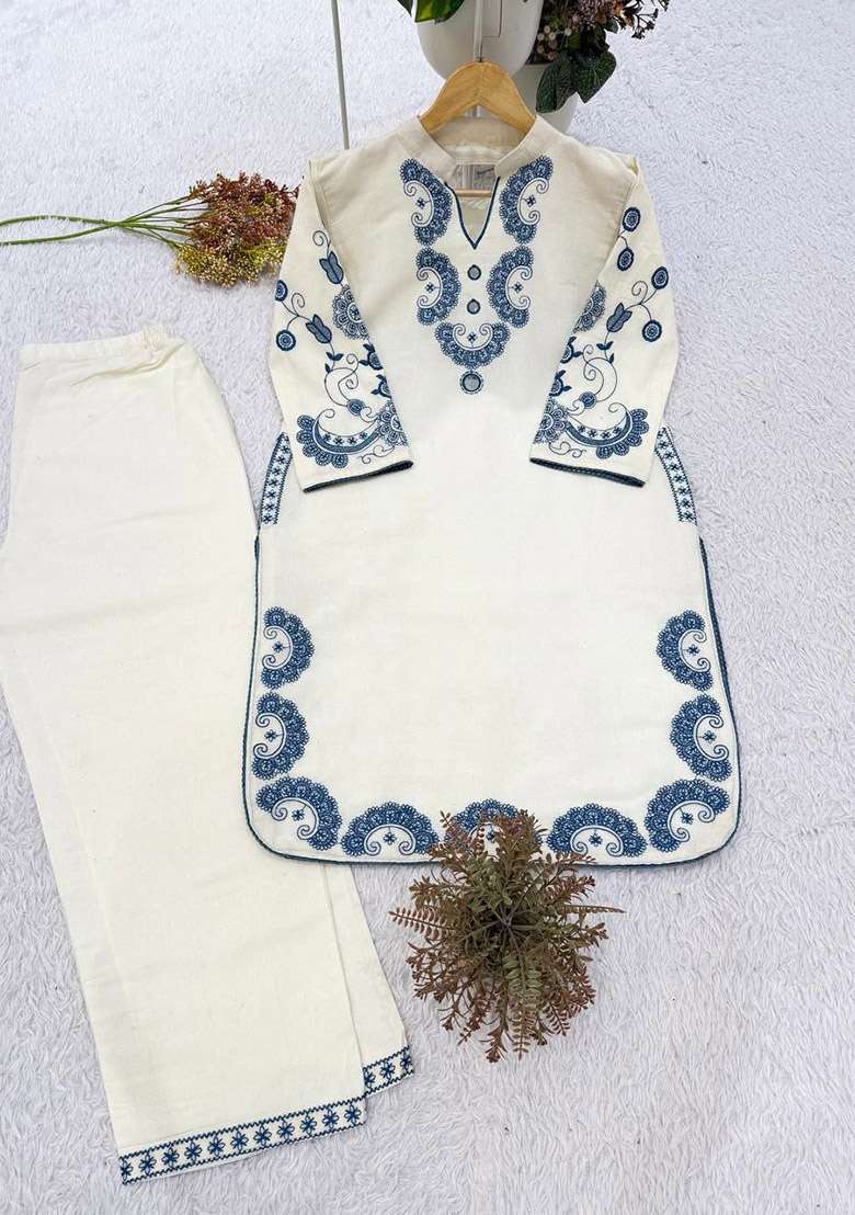 White Embroidery Cotton Kurta Set - Indya