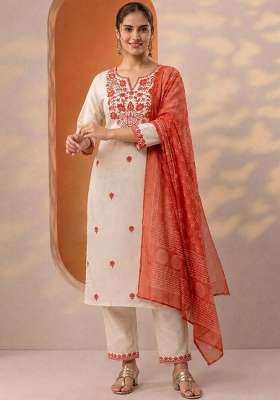 Orange Embroidery Cotton Kurta Set