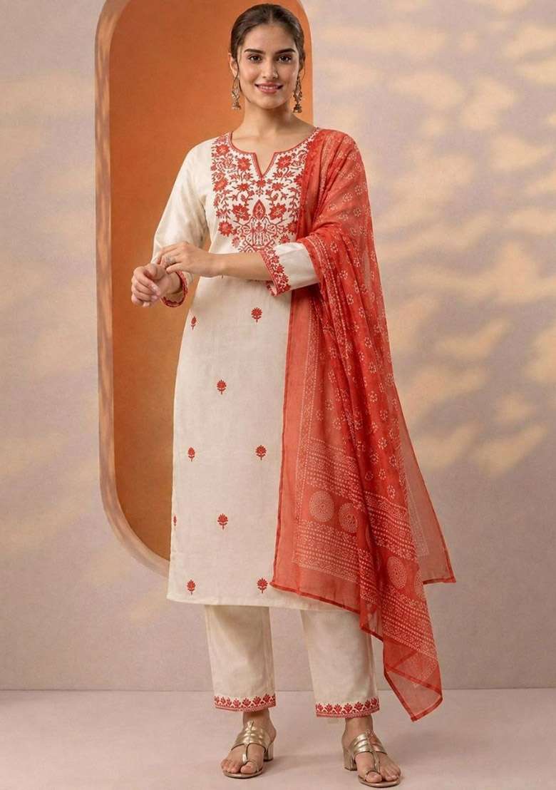 Orange Embroidery Cotton Kurta Set - Indya