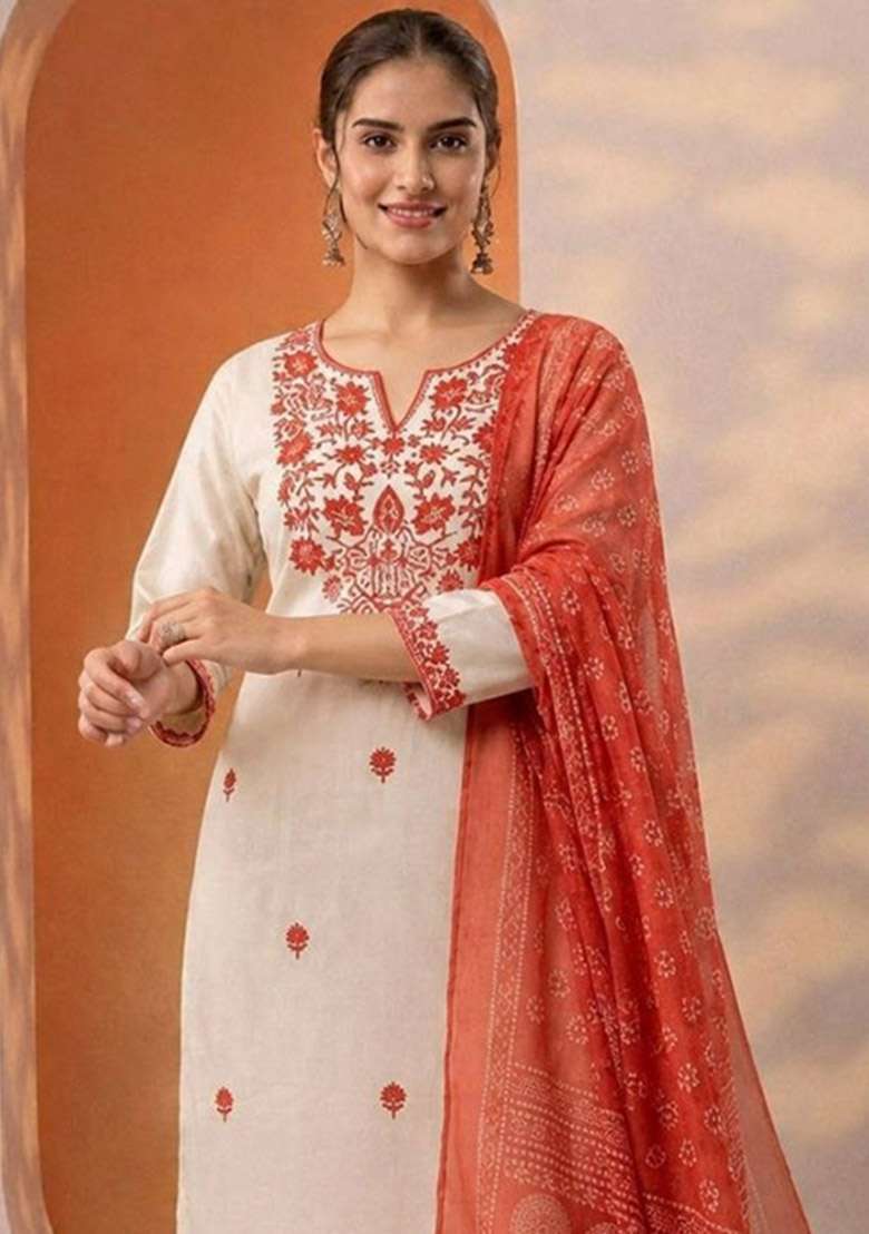 Orange Embroidery Cotton Kurta Set - Indya
