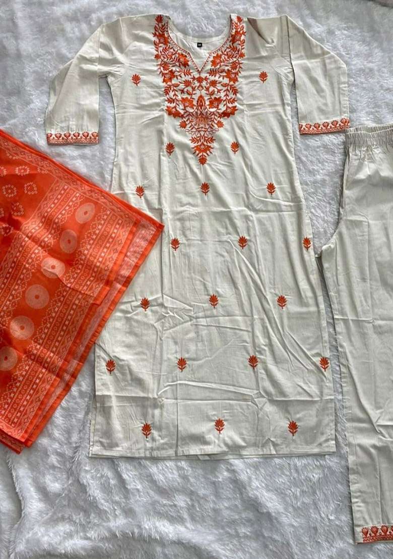Orange Embroidery Cotton Kurta Set - Indya