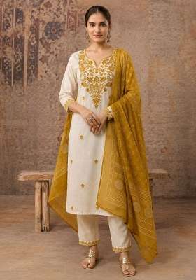 Yellow Embroidery Cotton Kurta Set