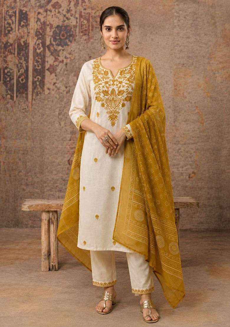 Yellow Embroidery Cotton Kurta Set - Indya