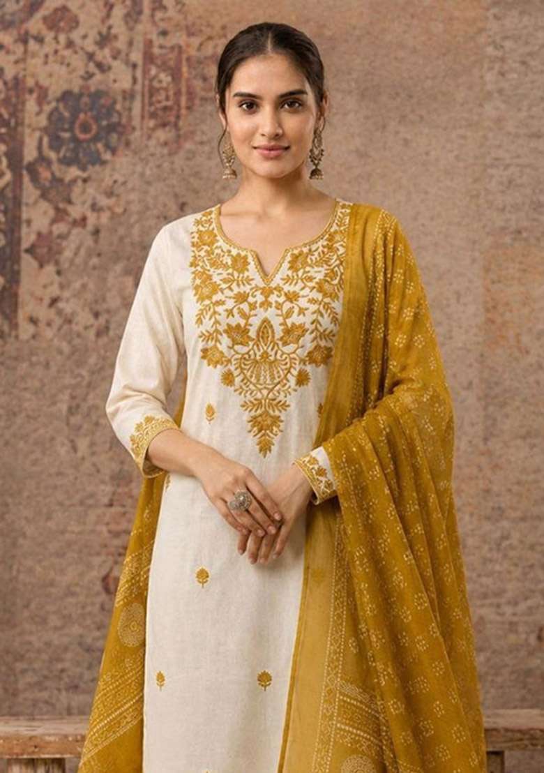 Yellow Embroidery Cotton Kurta Set - Indya