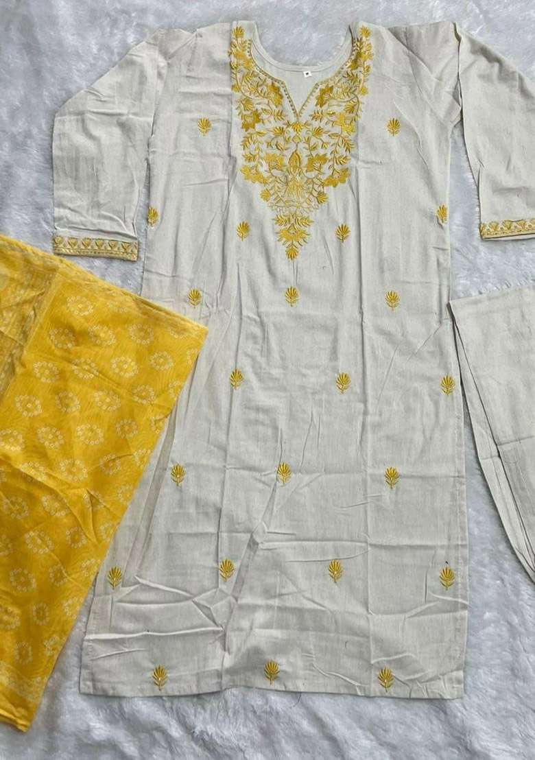 Yellow Embroidery Cotton Kurta Set - Indya