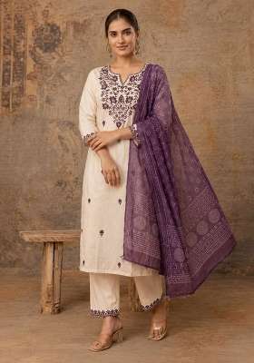 Purple Embroidery Cotton Kurta Set