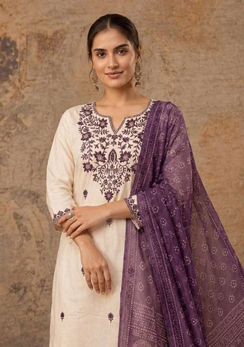 Purple Embroidery Cotton Kurta Set - Indya