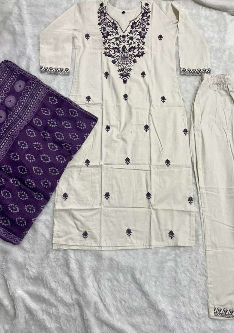 Purple Embroidery Cotton Kurta Set - Indya