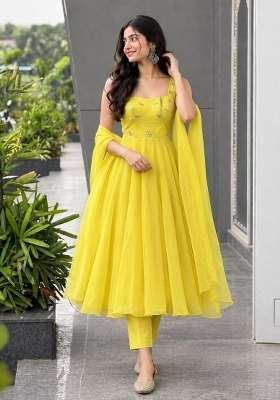 Yellow Diamond Work Georgette Anarkali Set