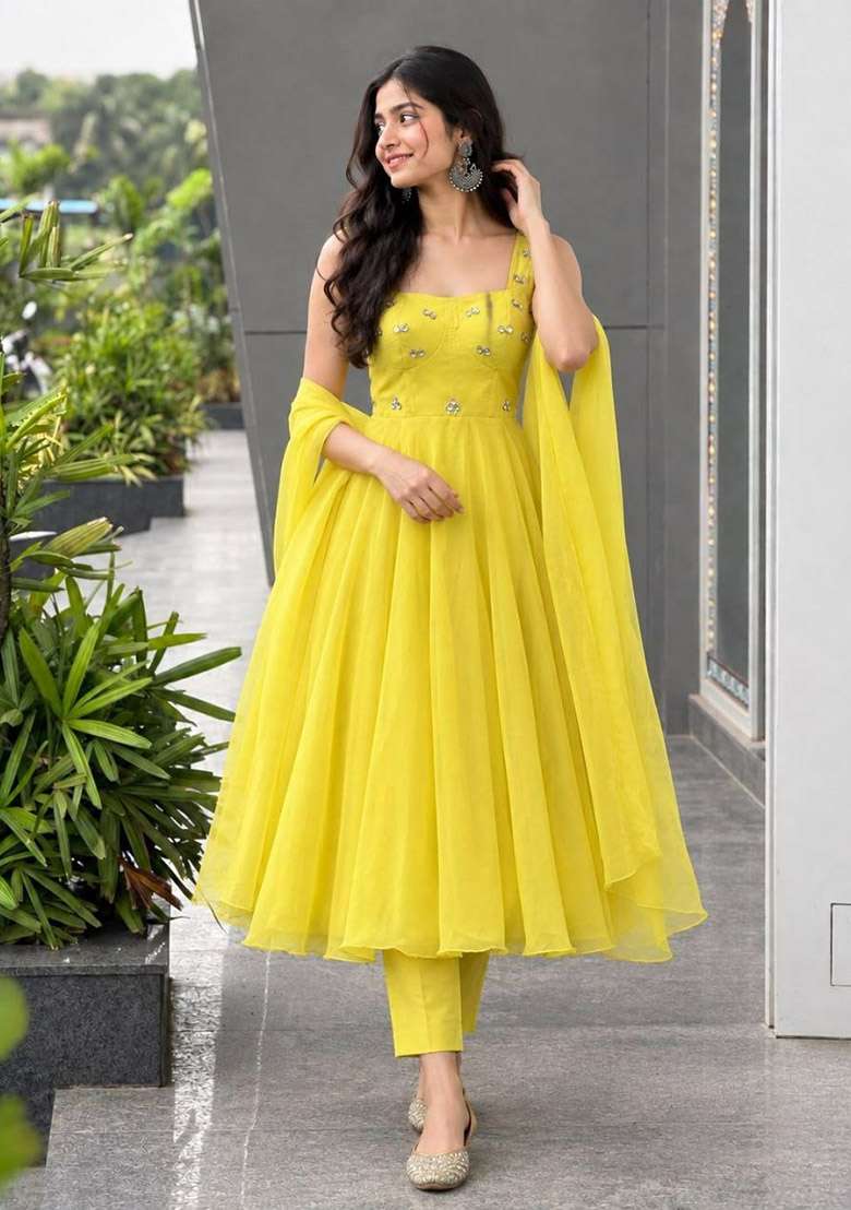 Yellow Diamond Work Georgette Anarkali Set - Indya