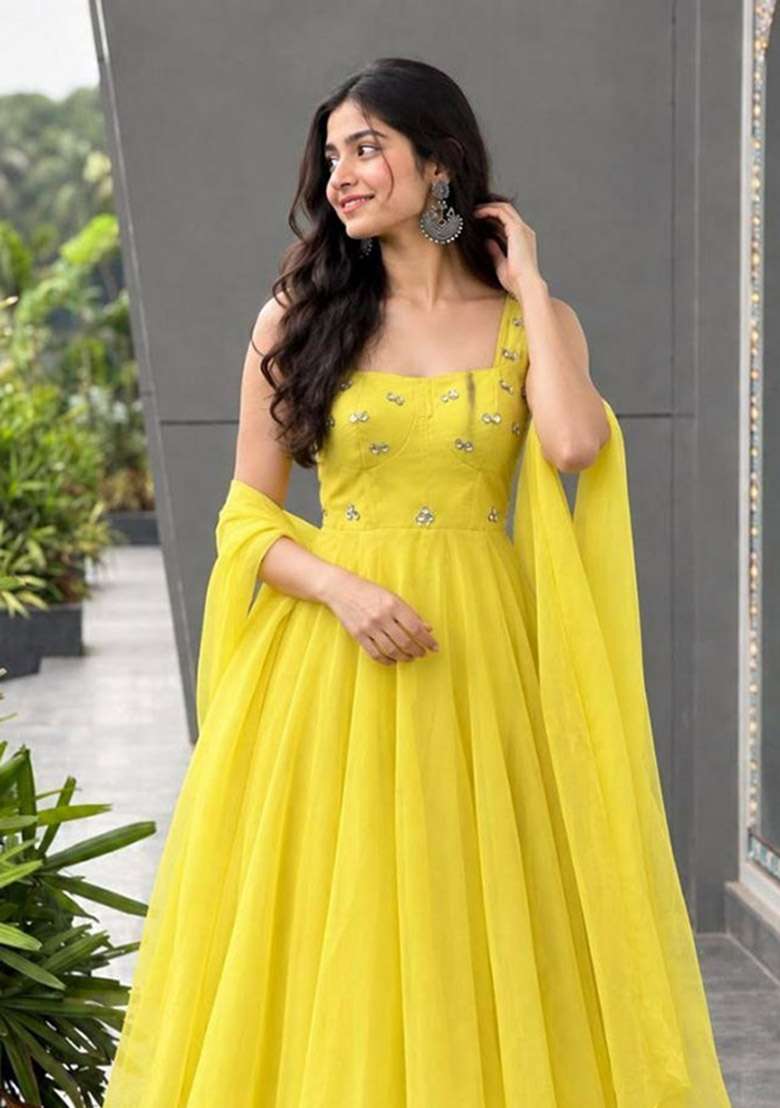 Yellow Diamond Work Georgette Anarkali Set - Indya