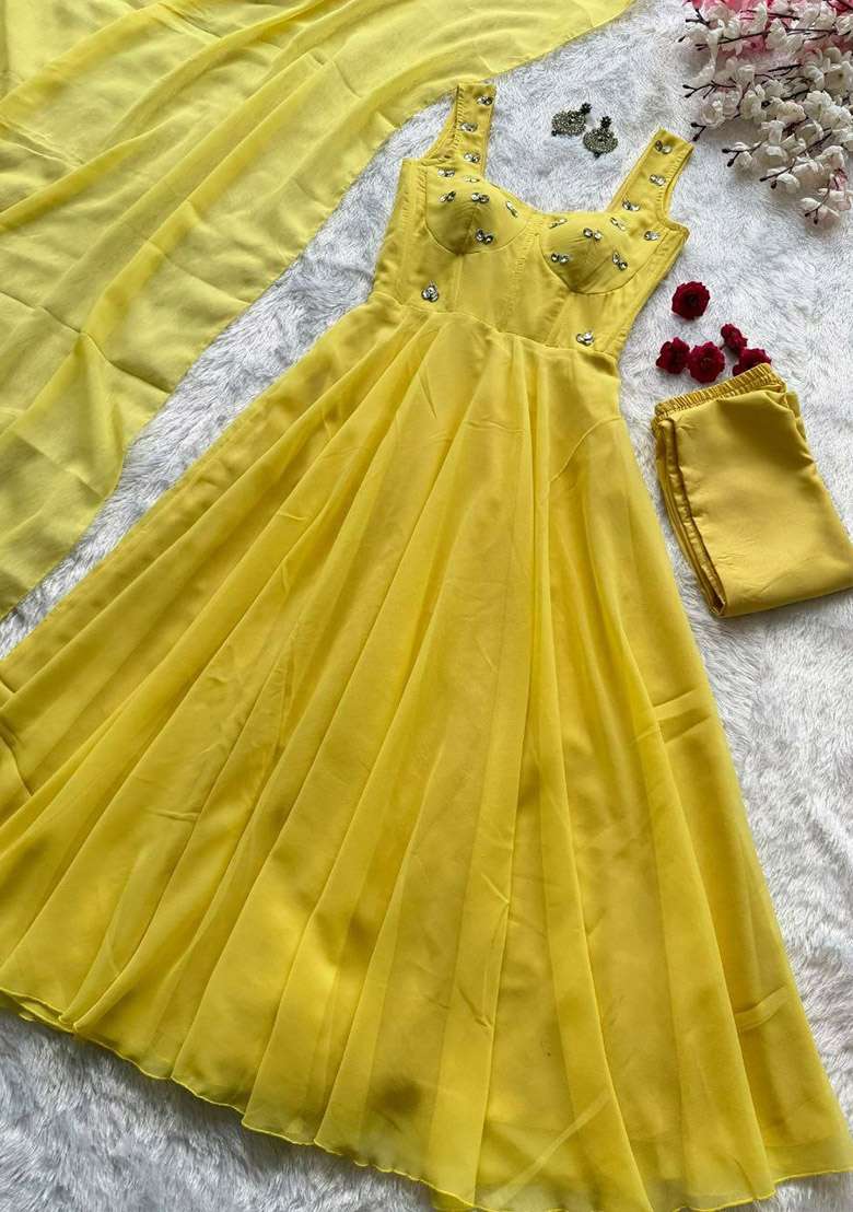 Yellow Diamond Work Georgette Anarkali Set - Indya