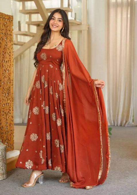Orange Sequin Work Crush Anarkali Set