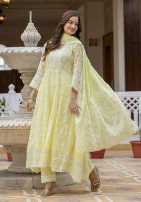 Yellow Embroidery Cotton Anarkali Set