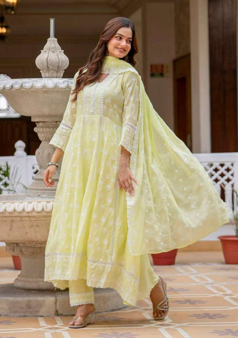 Yellow Embroidery Cotton Anarkali Set - Indya