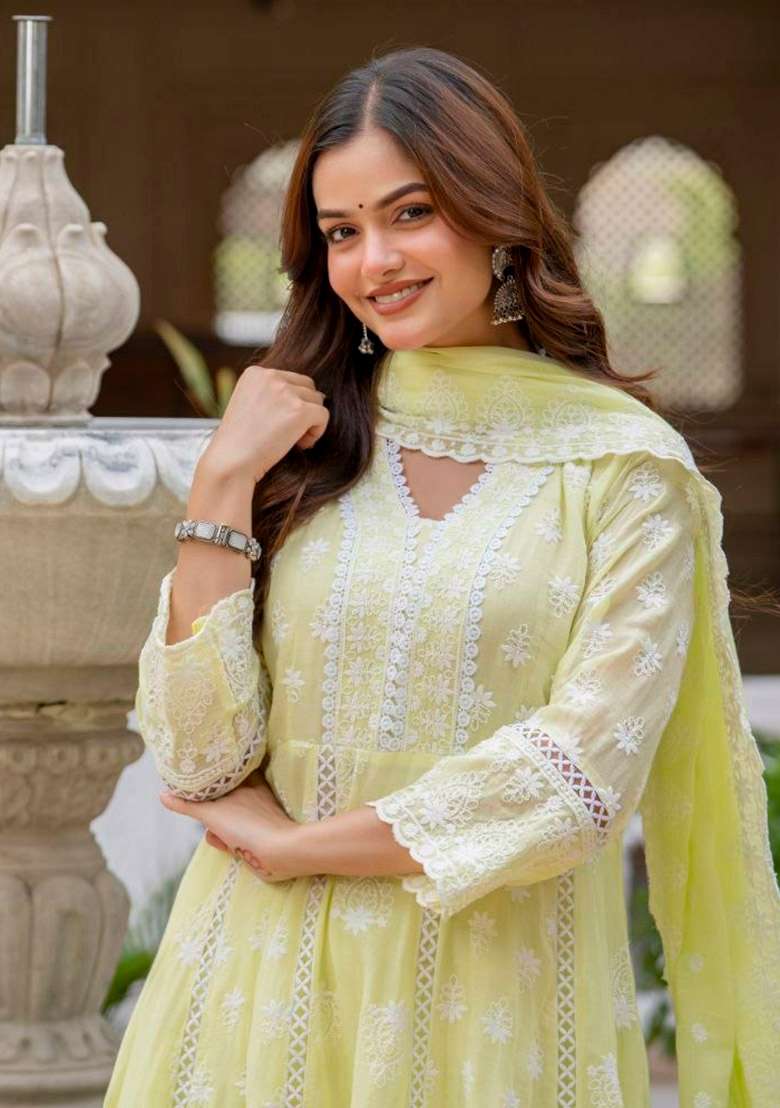 Yellow Embroidery Cotton Anarkali Set - Indya