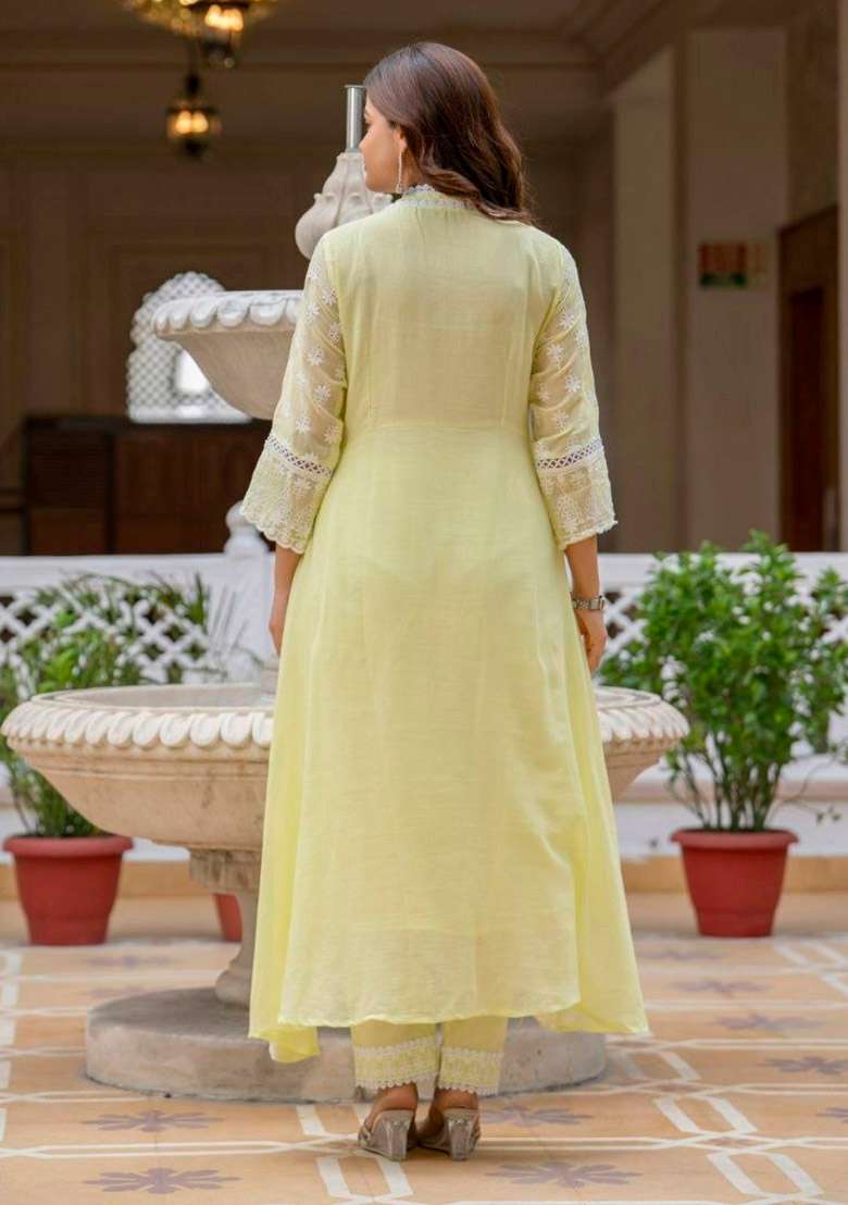 Yellow Embroidery Cotton Anarkali Set - Indya