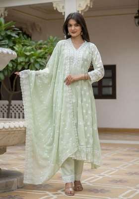 Green Embroidery Cotton Anarkali Set