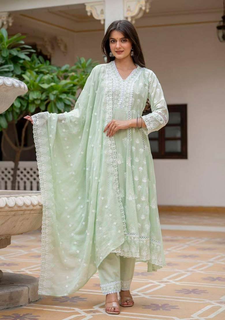Green Embroidery Cotton Anarkali Set - Indya