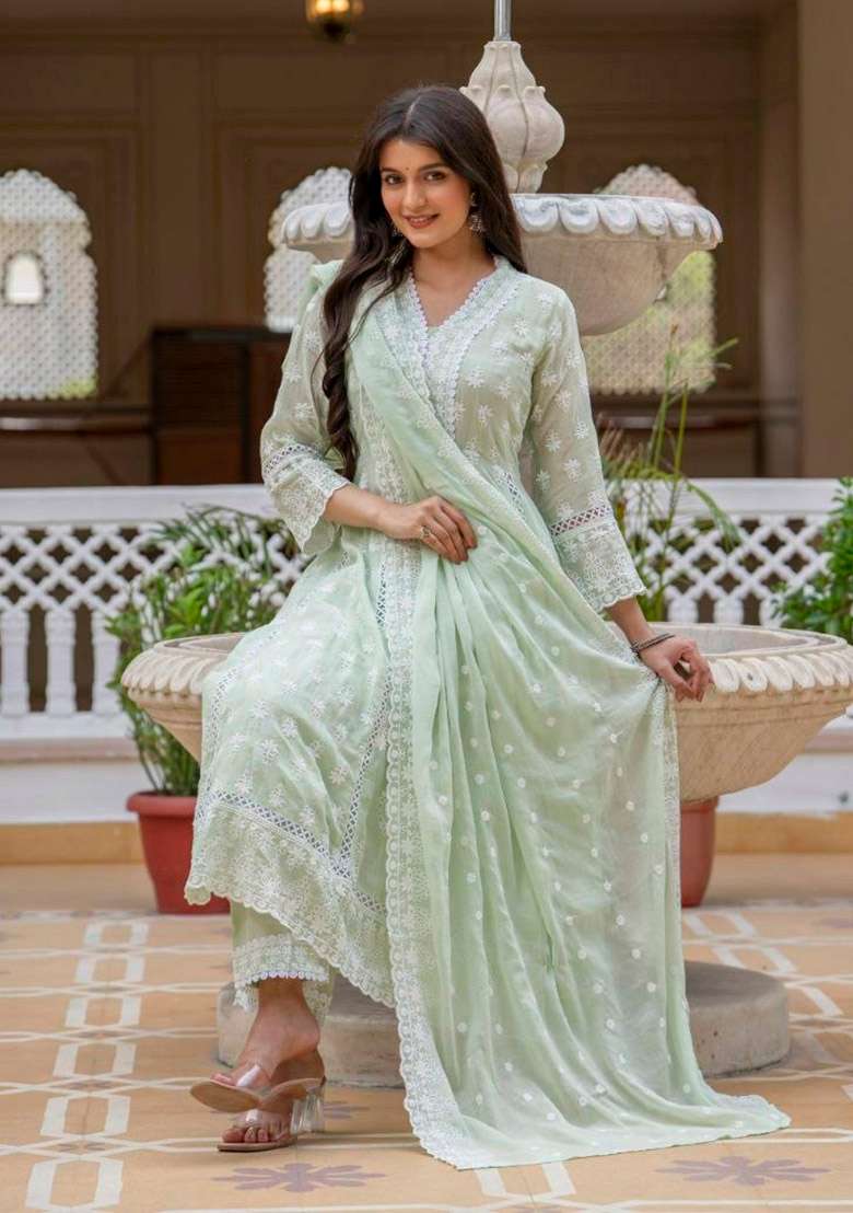 Green Embroidery Cotton Anarkali Set - Indya