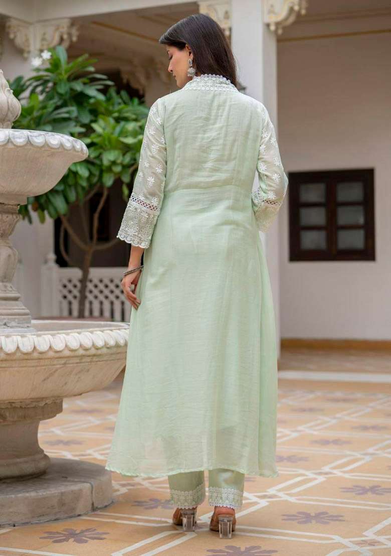 Green Embroidery Cotton Anarkali Set - Indya