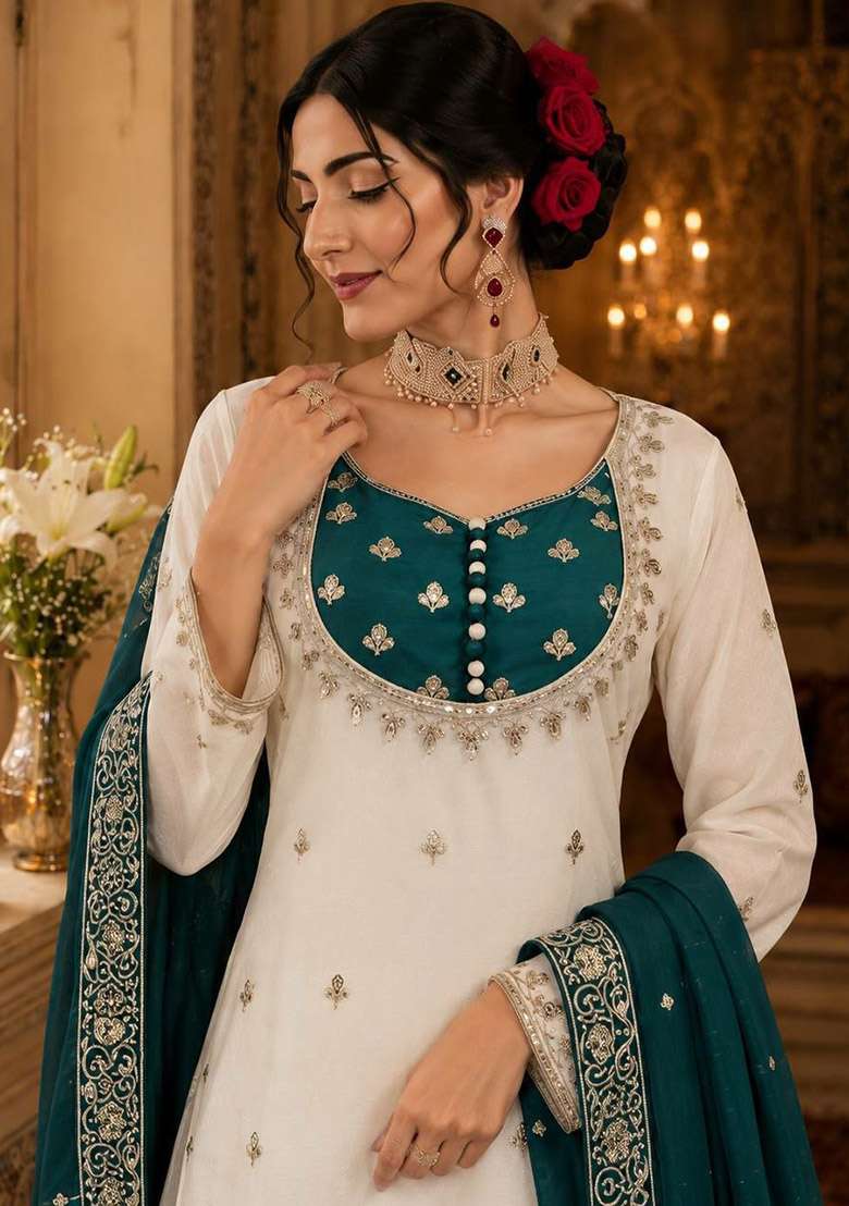 Green Sequin Work Silk Kurta Set - Indya