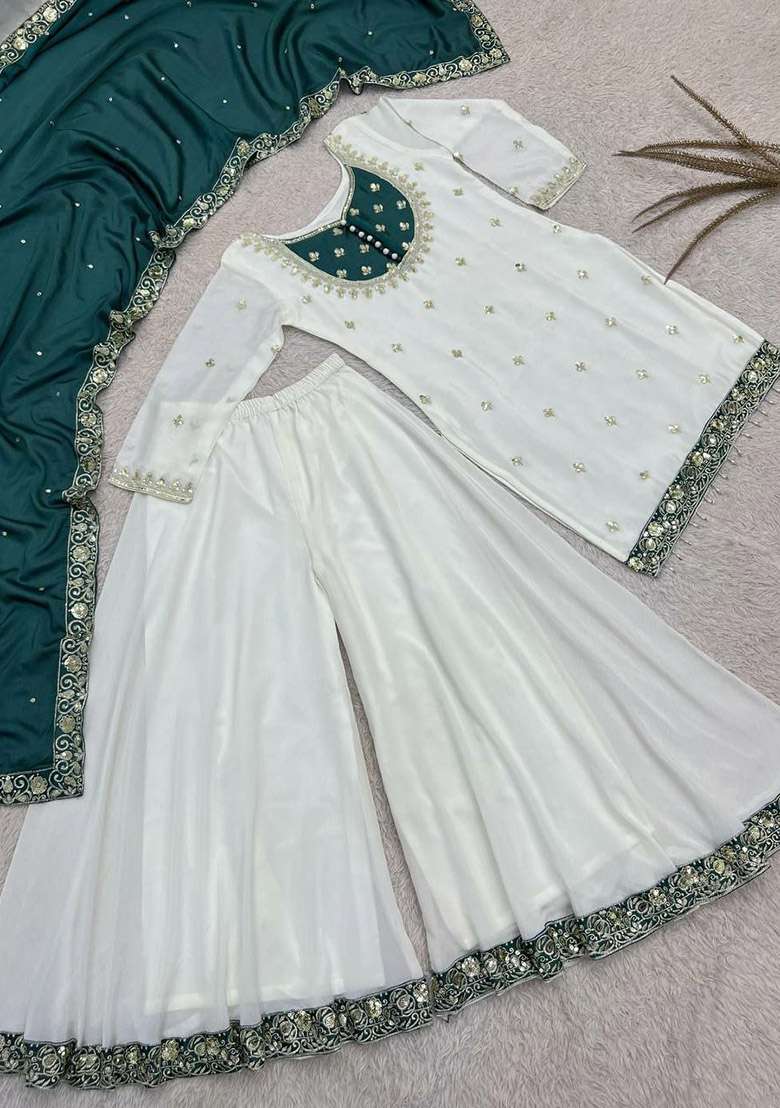 Green Sequin Work Silk Kurta Set - Indya
