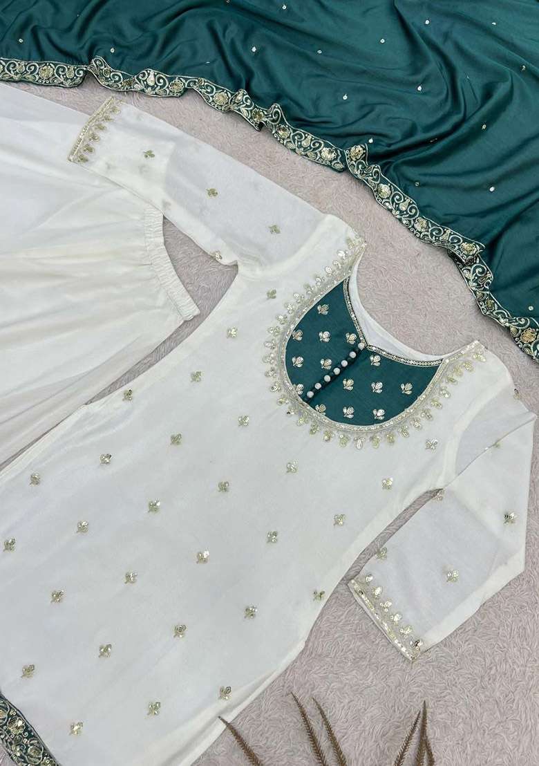 Green Sequin Work Silk Kurta Set - Indya