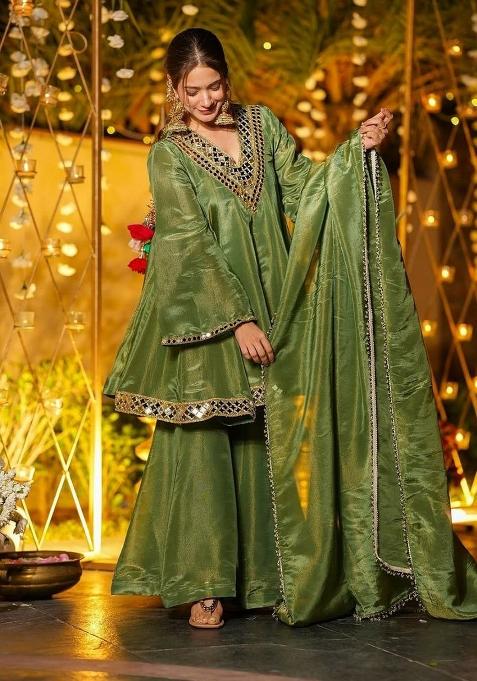 Green Mirror Work Silk Kurta Set