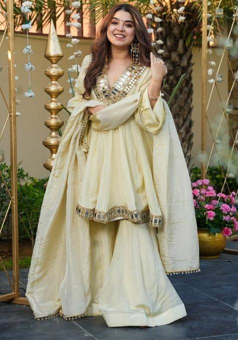 White Mirror Work Silk Kurta Set