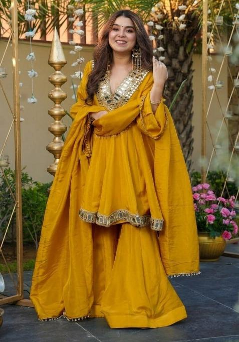 Yellow Mirror Work Silk Kurta Set