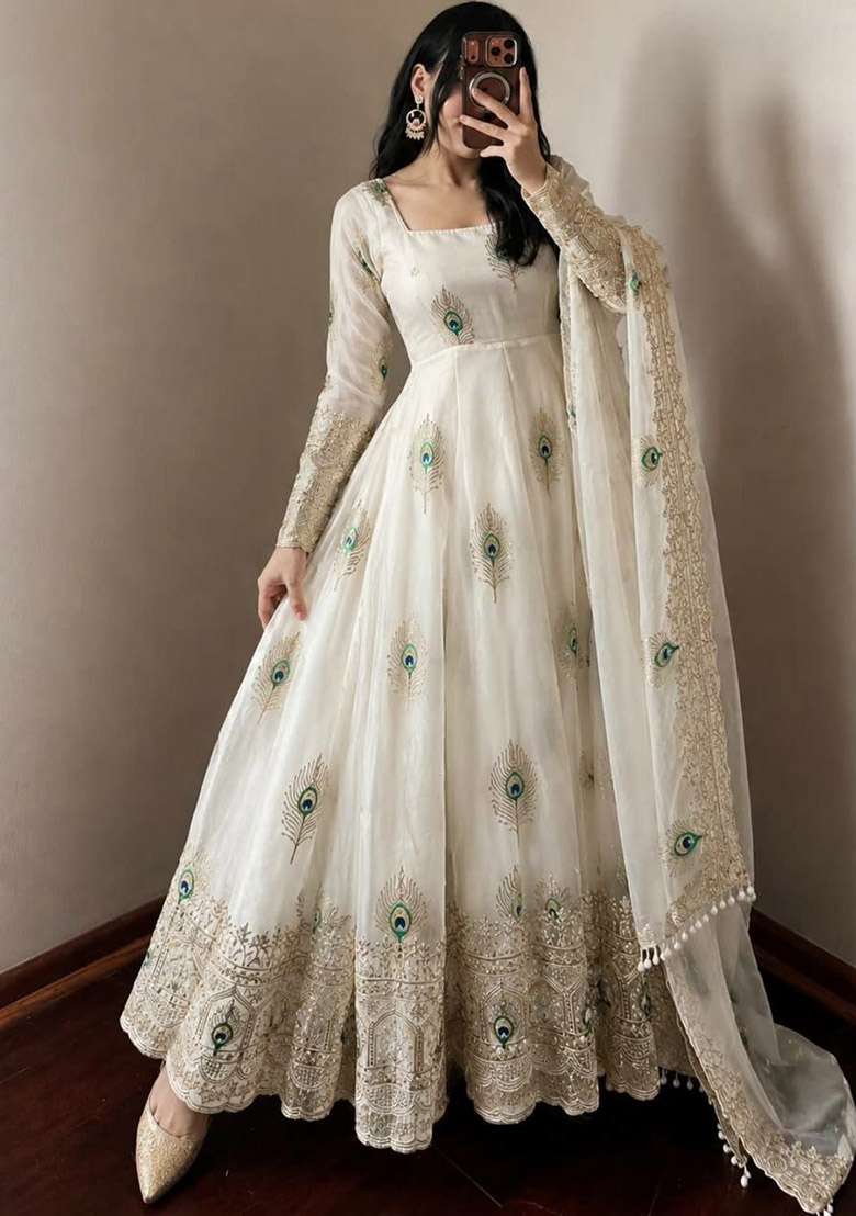 White Sequin Work Silk Anarkali Set - Indya