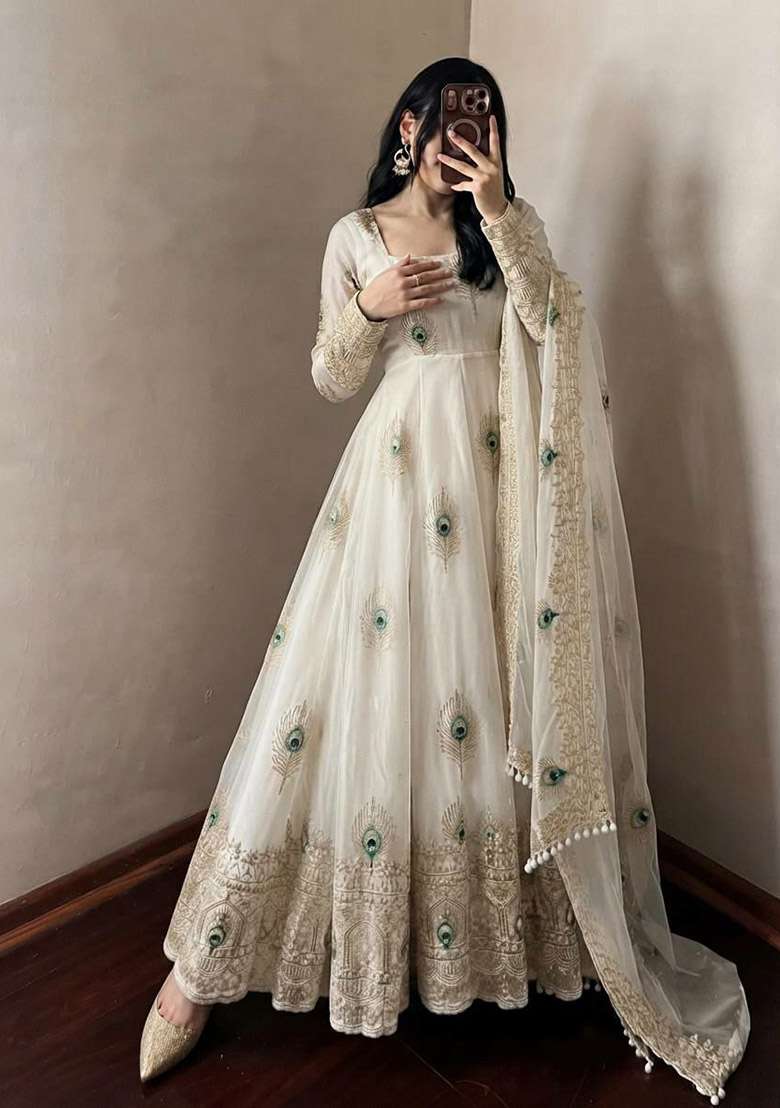 White Sequin Work Silk Anarkali Set - Indya