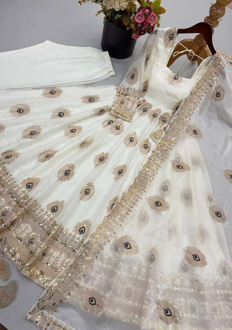 White Sequin Work Silk Anarkali Set - Indya