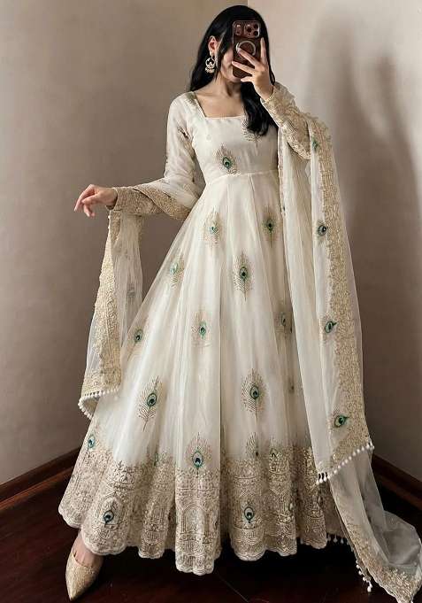 White Sequin Work Silk Anarkali Set