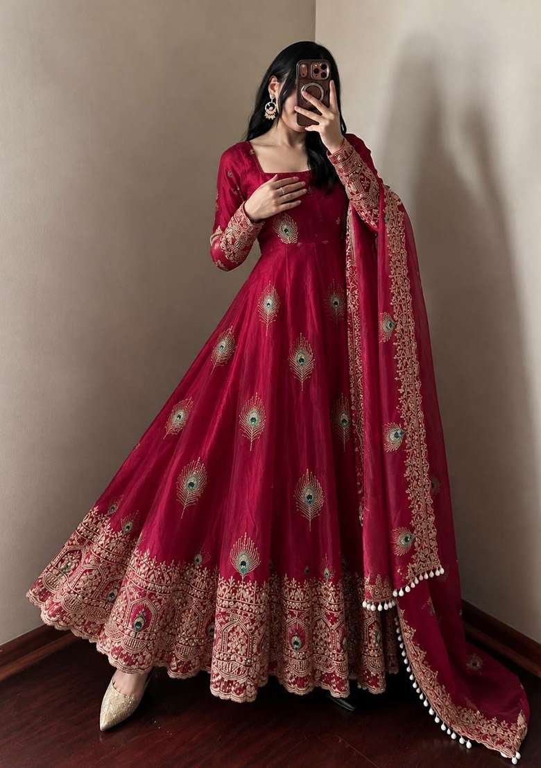 Red Sequin Work Silk Anarkali Set - Indya